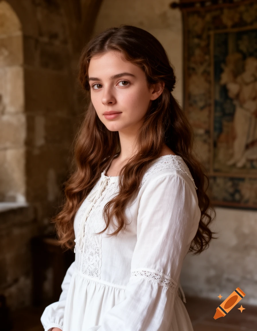 Young woman with long brown hair, wearing a white medieval chemise with lace detail, standing in an old stone building with a tapestry.