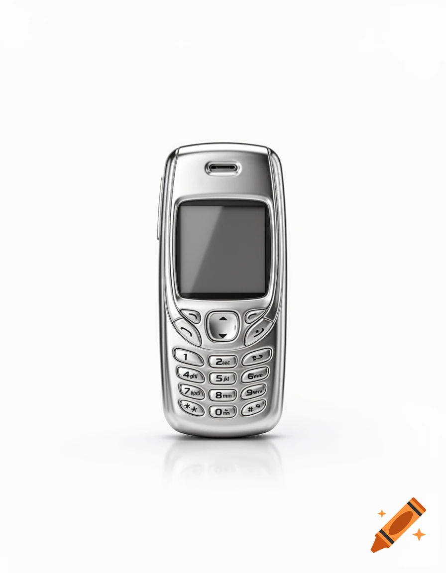 A shiny silver 3D rendering of a 2000s-style cell phone with a dark screen and keypad, centered on a white background.