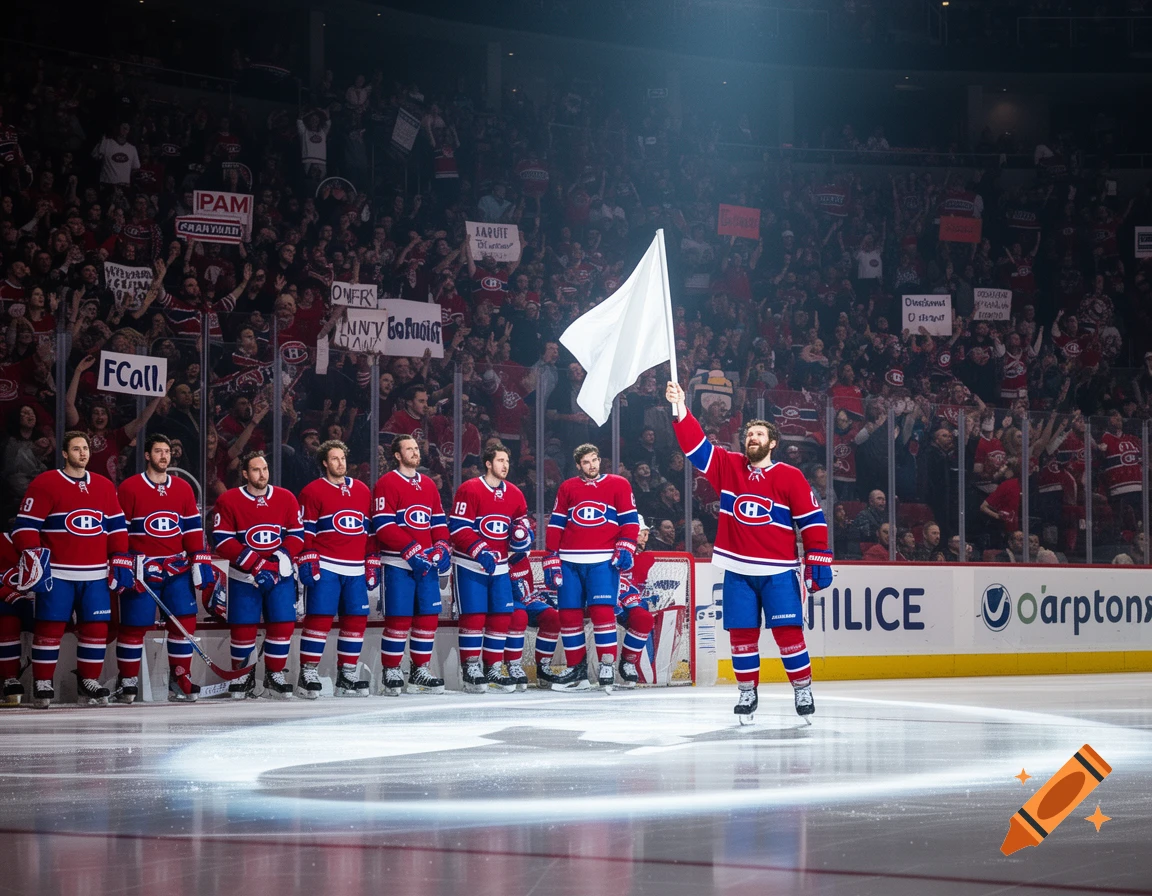Photorealistic image of Montreal Canadiens hockey players on an ice rink, one waving a white flag in a packed arena.