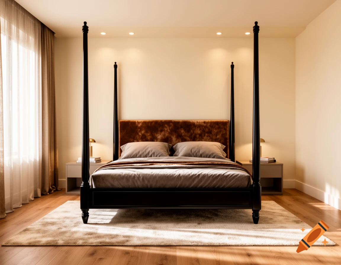 A stylish bedroom featuring a black four-poster bed with a brown velvet headboard, two nightstands, and a light rug.
