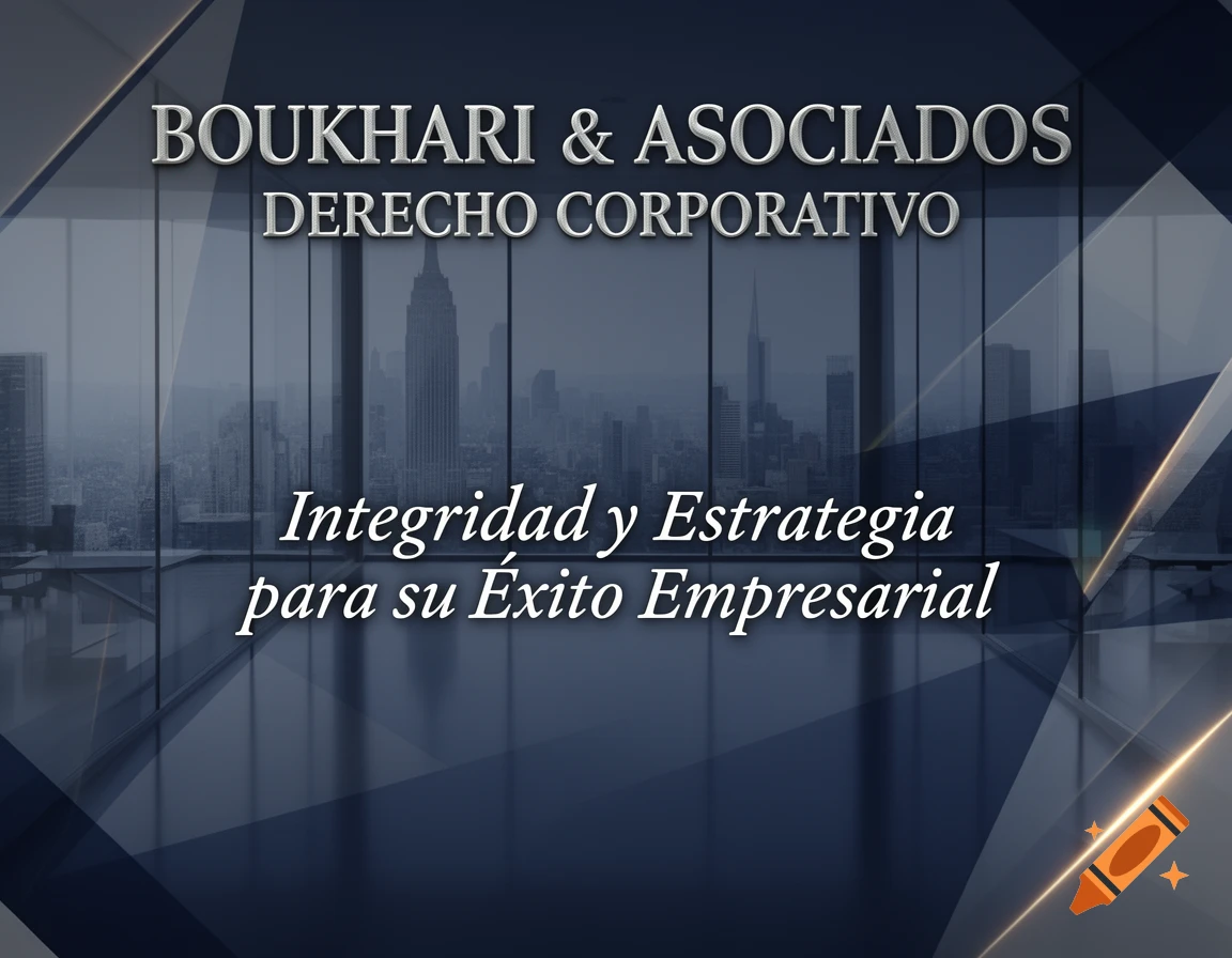 Modern office interior with a cityscape view featuring the texts 'Boukhari & Asociados Derecho Corporativo' and 'Integridad y Estrategia para su Éxito Empresarial'.