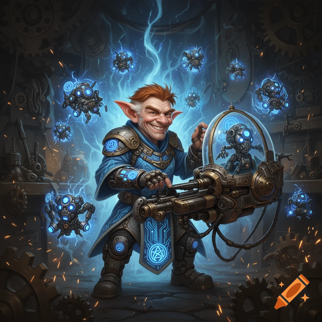 A grinning gnome technomancer in blue and gold armor, surrounded by glowing blue mechanical drones, manipulates a large device with a robot inside a glass dome in a steampunk workshop.