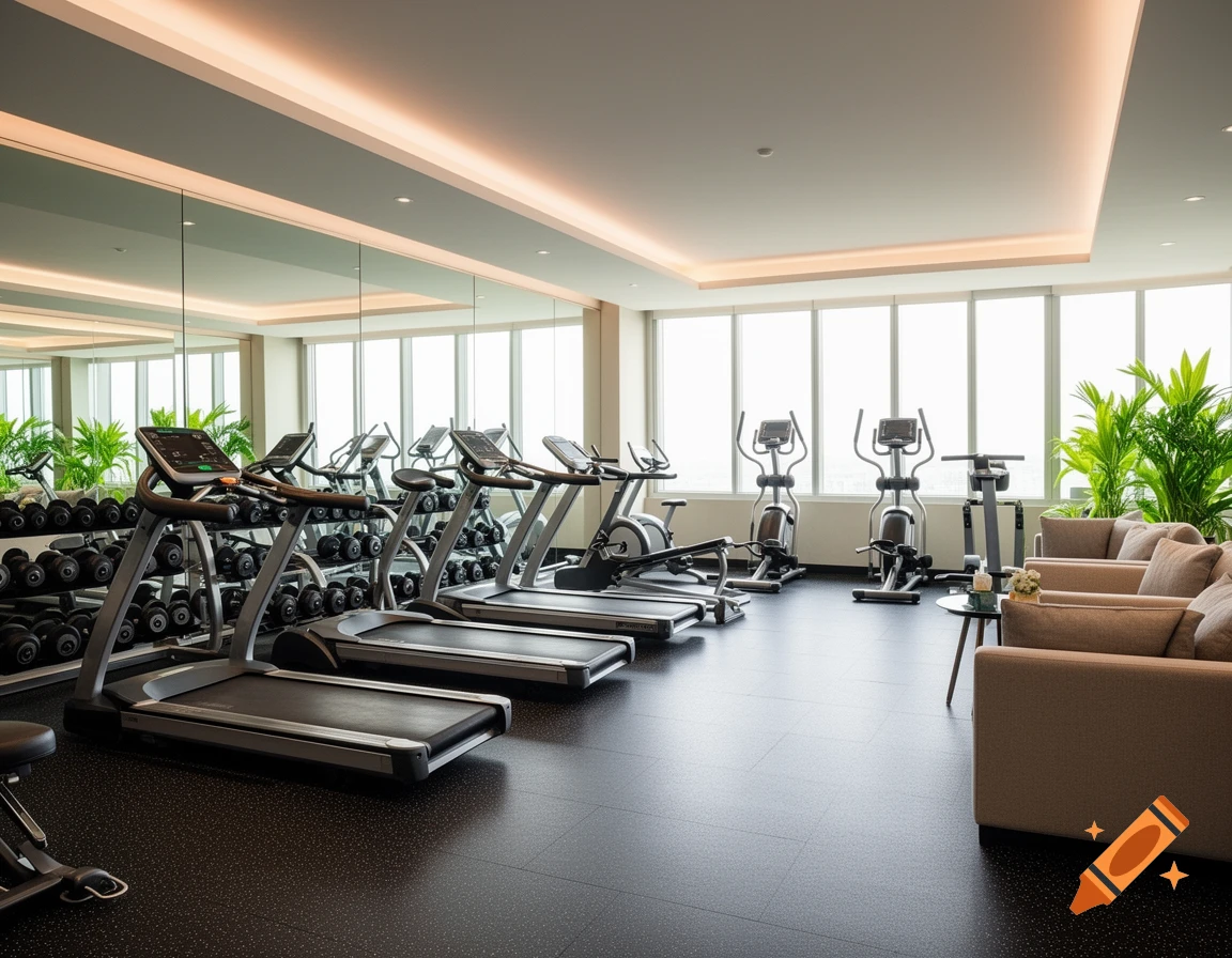 A clean, modern gym with treadmills, elliptical machines, a weight rack, and a seating area with large windows overlooking a city.