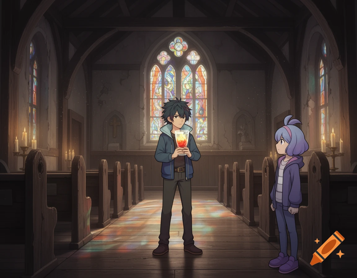 An anime-style male character holding a glowing red-yellow drink stands in a church opposite a female character, light shining through stained glass.