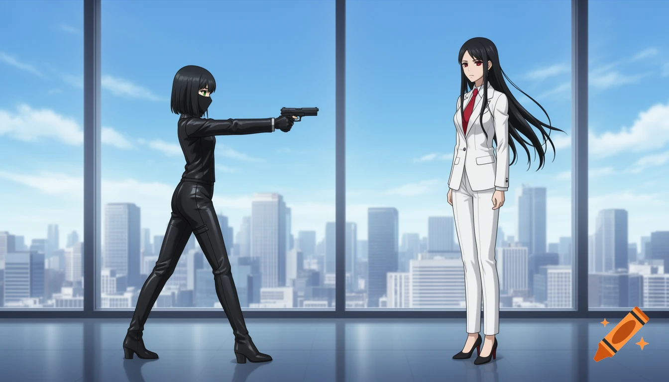 Anime scene of an assassin in black aiming a gun at a businesswoman in a white suit, in front of a city skyline.