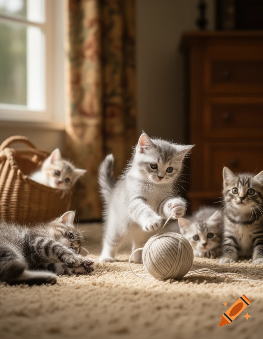 Several photorealistic kittens playing with a ball of yarn on a rug in a sunlit room.