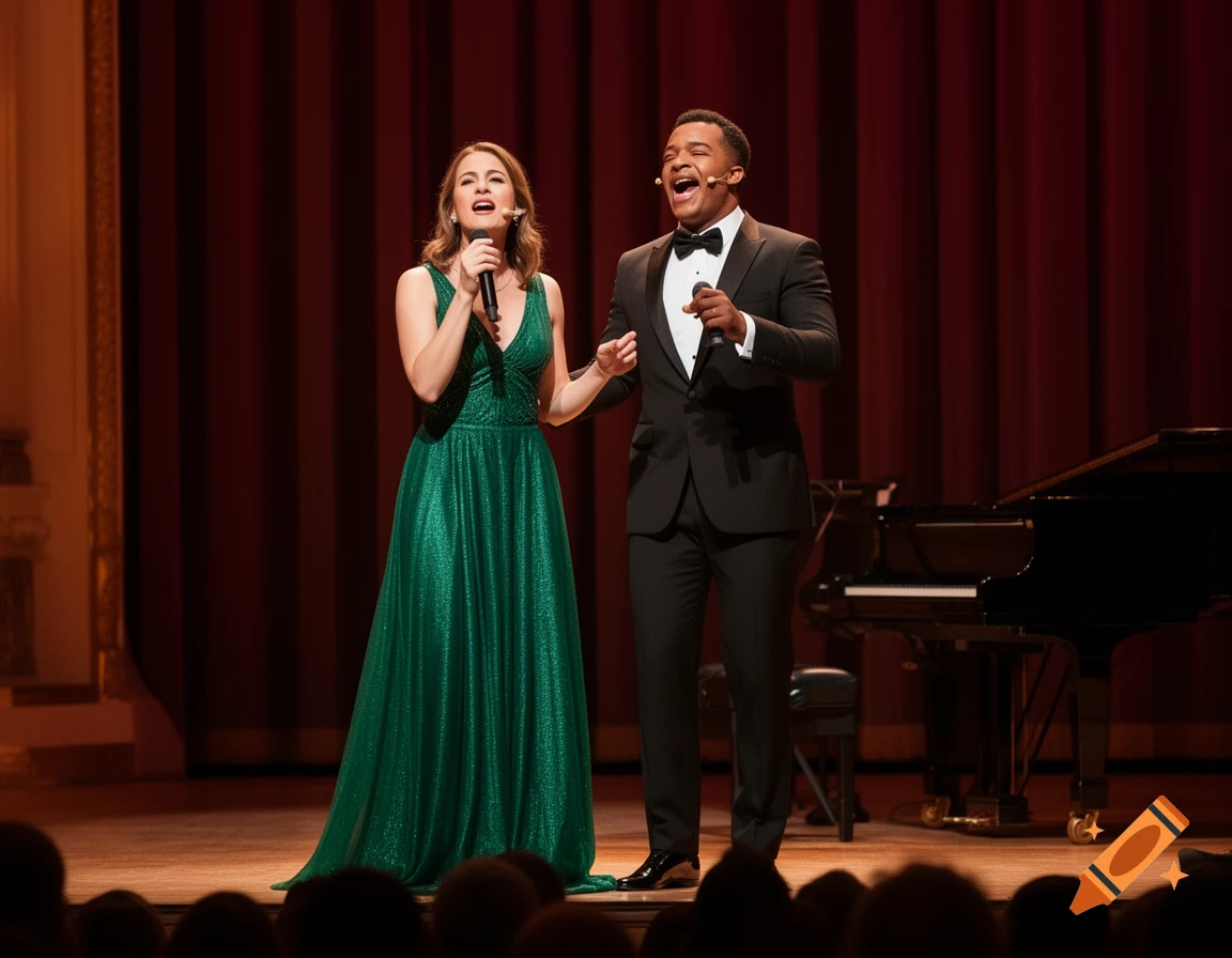 A woman in a green gown and a man in a tuxedo sing a duet into microphones on a stage with a grand piano and red curtain.