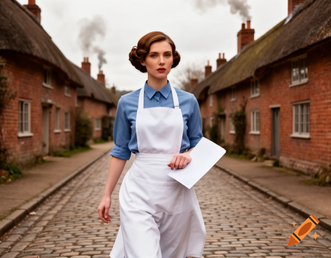 A photorealistic image of a woman in a 1920s-style blue blouse and white apron walking down a cobblestone village road, holding white papers.