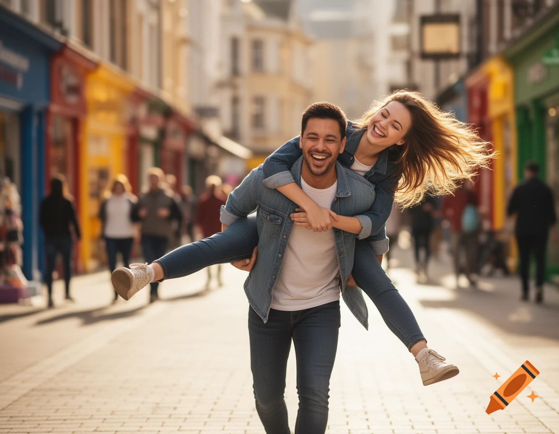 A man gives a woman a piggyback ride on a sunny city street, both laughing. Photorealistic.