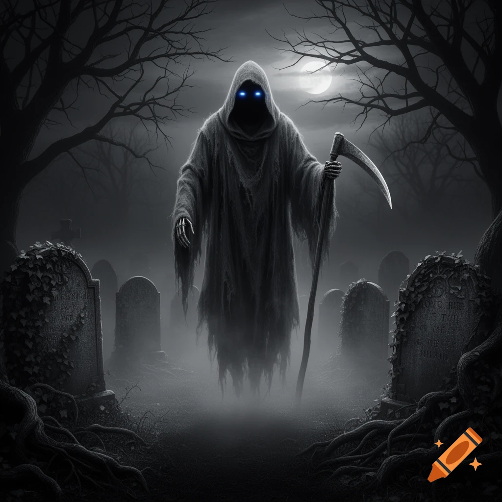 A dark, atmospheric image of a grim reaper with glowing blue eyes, holding a scythe, standing in a foggy graveyard under a full moon.