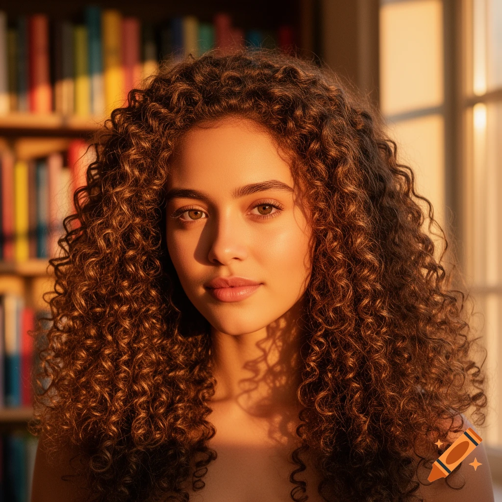 Photorealistic portrait of a young woman with long, brown curly hair, smiling softly in front of a sunlit bookshelf.