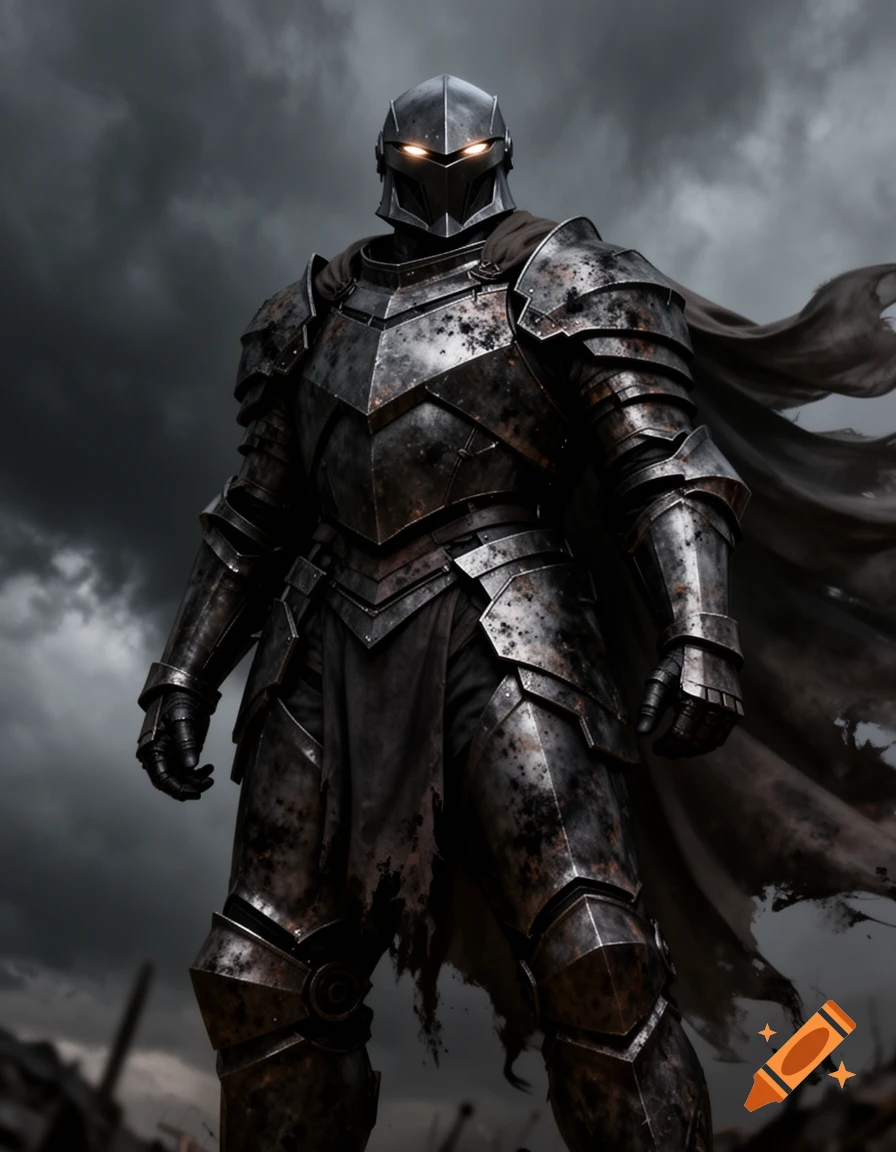 A tall, dark armored warrior with glowing eye slits and a flowing cape stands against a stormy sky in a dark fantasy style.