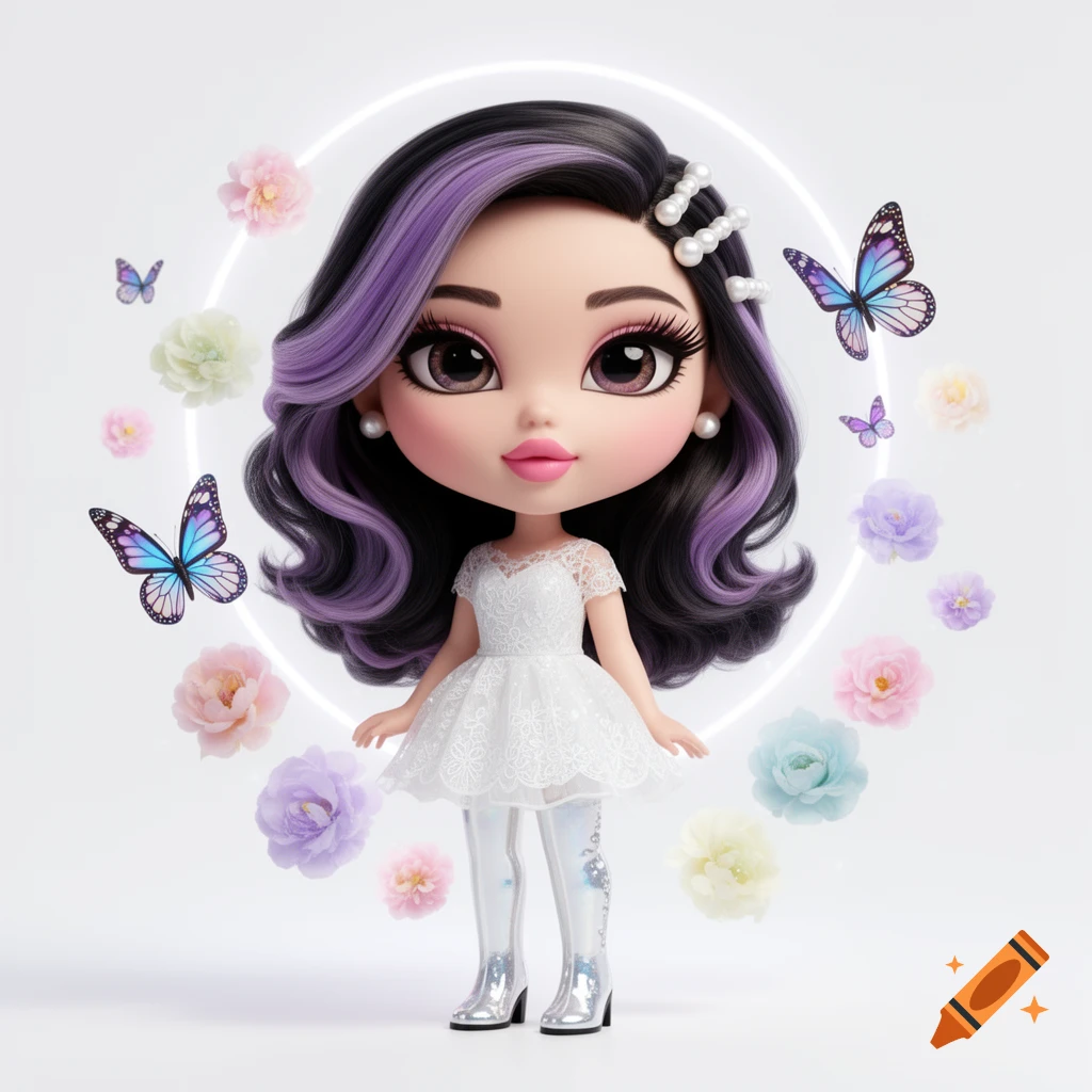 Hyper-realistic Bratz-style chibi doll with lavender-highlighted hair, white dress, shiny boots, surrounded by colorful butterflies and flowers, with a neon halo on a white background.