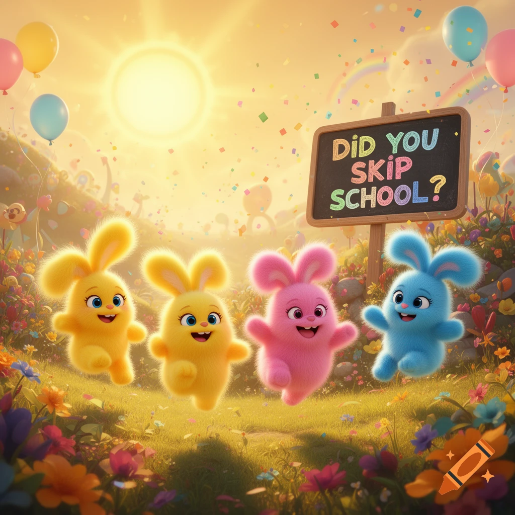 Four fluffy, colorful bunny-like creatures hop in a bright, sunny, flower-filled field with balloons and a sign asking "DID YOU SKIP SCHOOL?"