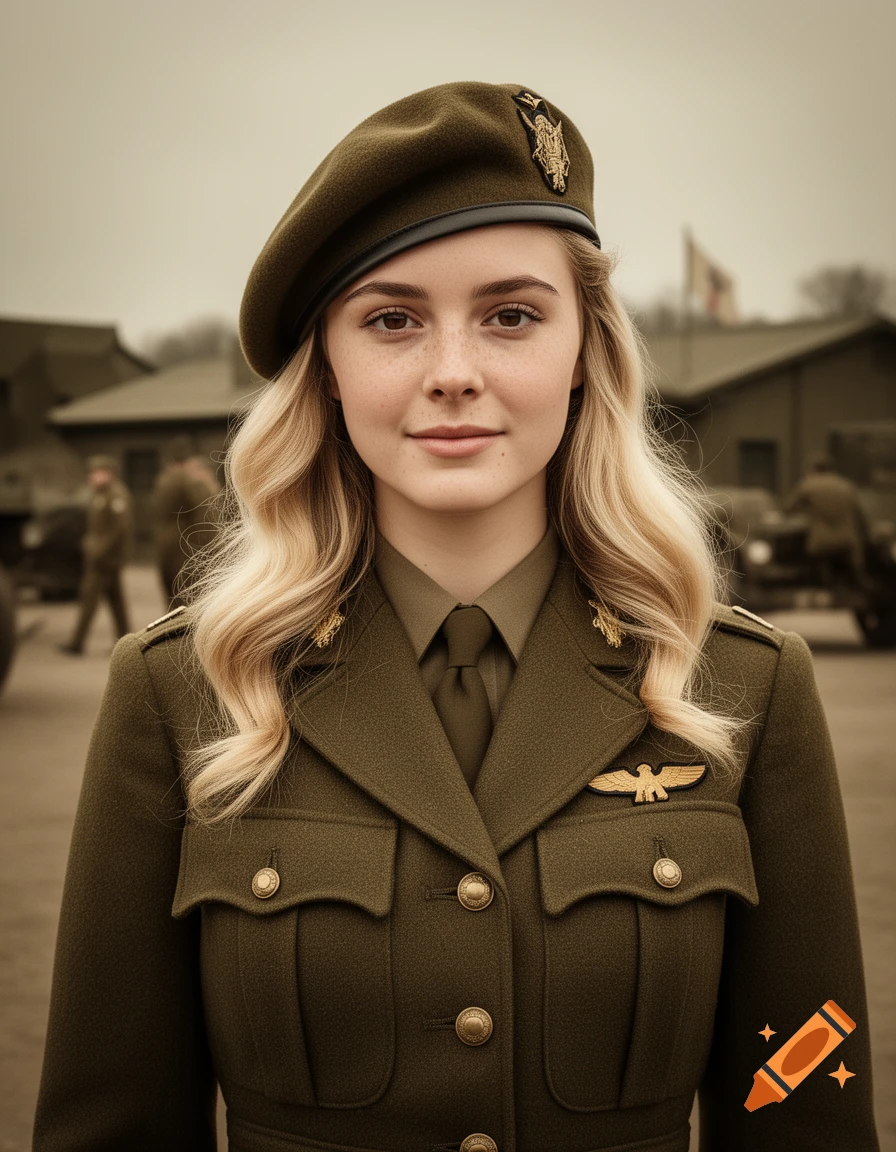 A young woman with blonde hair and freckles wears an olive green WWII-style military uniform and beret, looking forward.