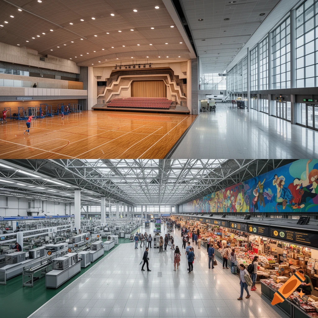 A collage showing a gymnasium with a stage, an airport terminal, a factory, and a bustling indoor market, all rendered in a photorealistic style.