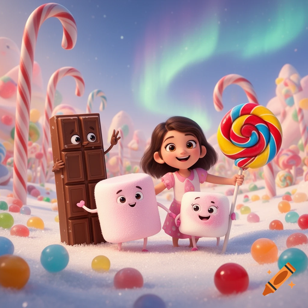 A smiling cartoon girl holds a large lollipop, standing with a chocolate bar and two marshmallows in a whimsical candy land under an aurora.