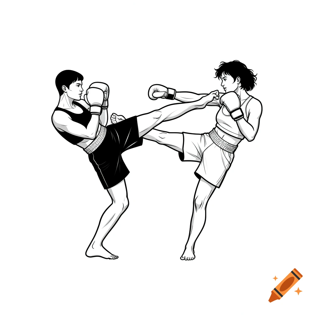 Black and white vector illustration of two kickboxers in action, one delivering a front kick.