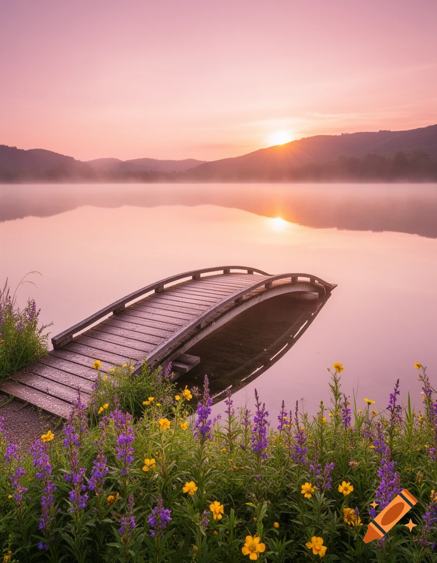 A tranquil sunrise over a misty lake with a small wooden arched bridge and vibrant purple and yellow wildflowers in the foreground.