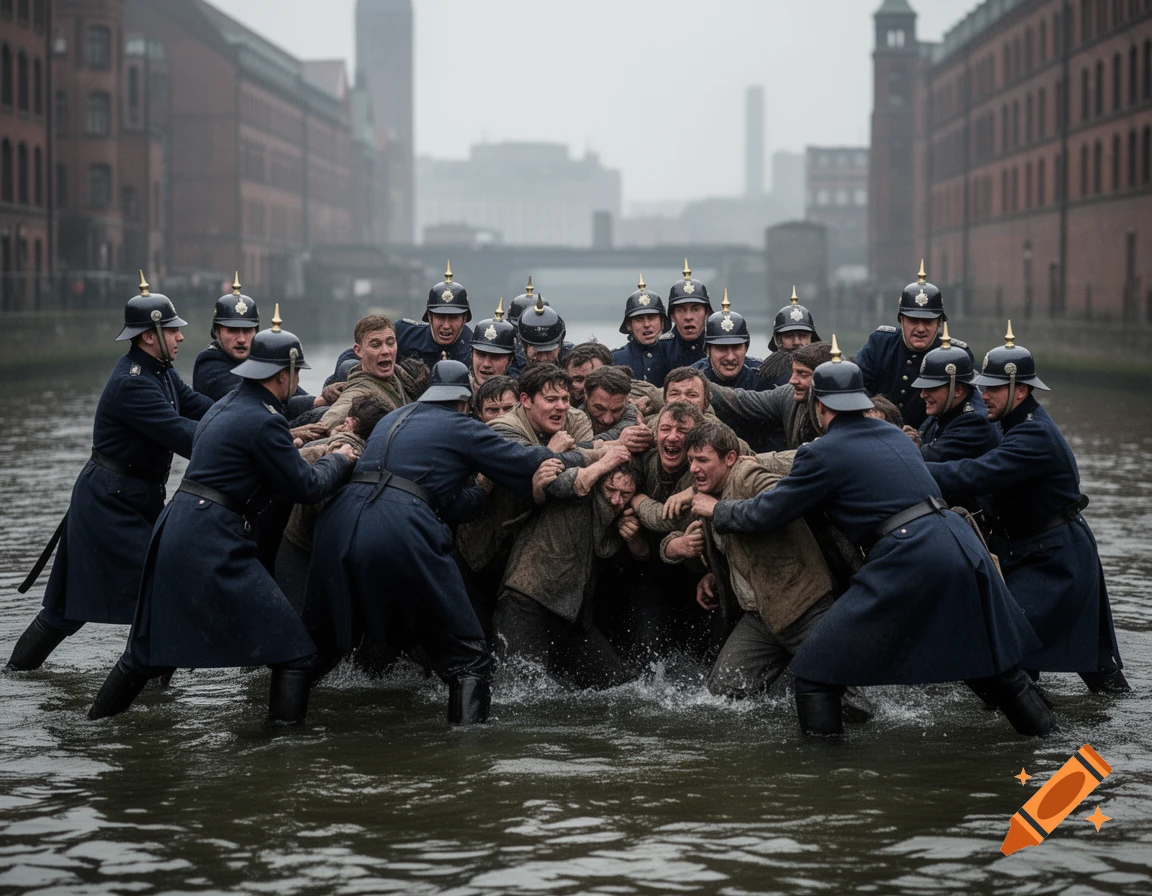 Police officers in historical uniforms struggle with civilians in a murky river, with brick buildings and a foggy city skyline in the background.