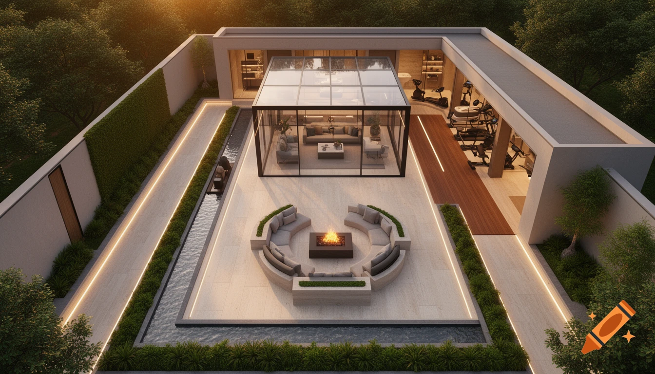 Aerial view of a modern luxury courtyard featuring a glass pavilion, fire pit lounge, linear water, and gym, under sunset lighting.
