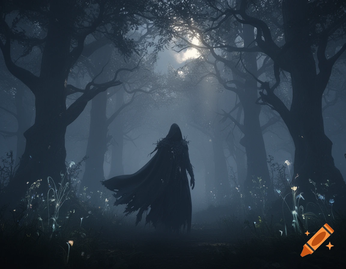 A dark cloaked figure stands amidst glowing plants in a misty, shadowy forest, with moonlight piercing through the canopy.