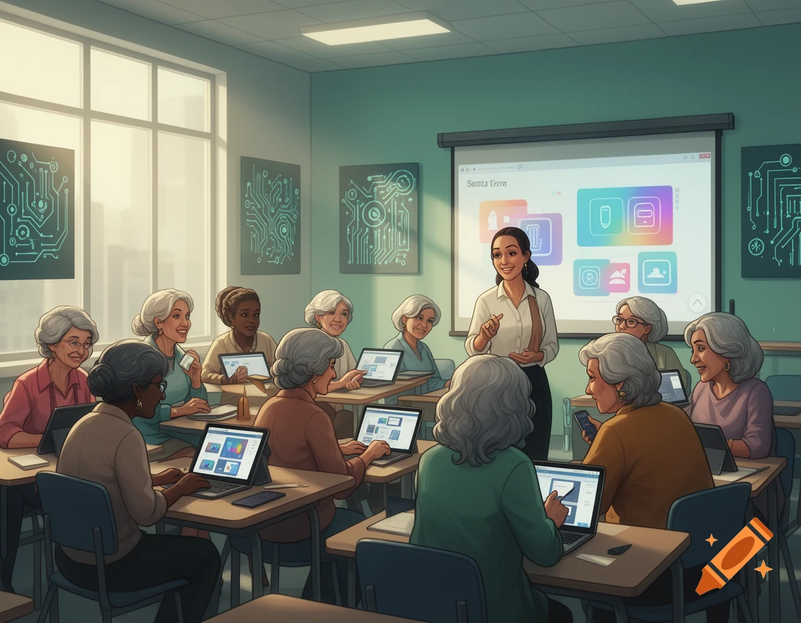 A diverse group of senior women sits at desks with laptops in a bright classroom, attending a digital applications training session led by a female instructor.