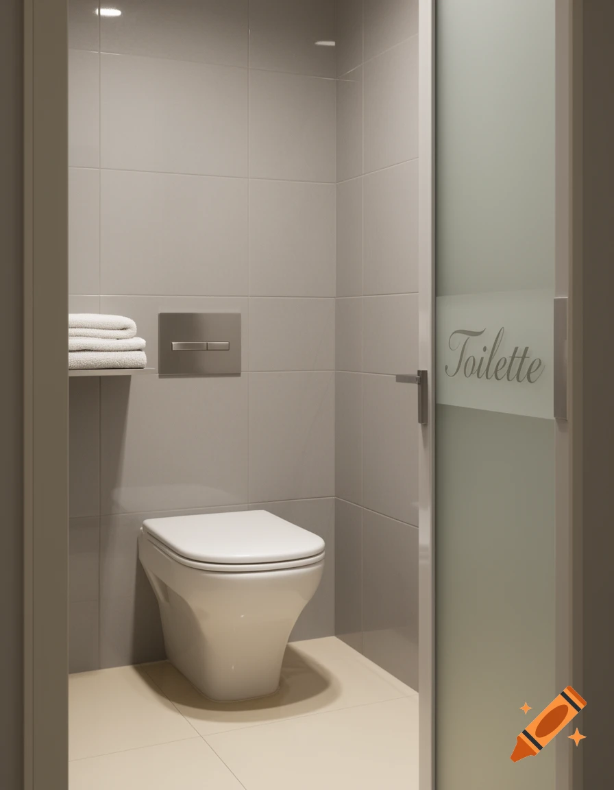 Modern minimalist bathroom with a white wall-mounted toilet, grey tiled walls, and a frosted door displaying 'Toilette'.