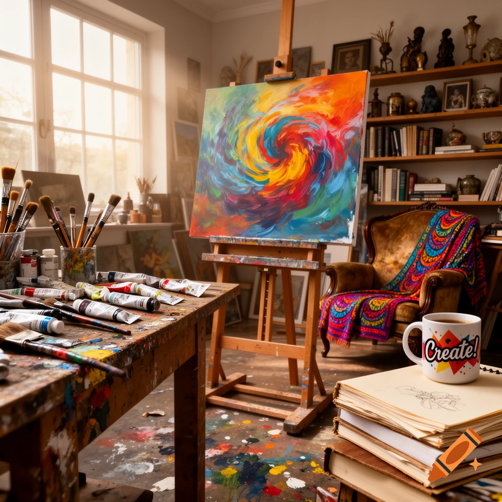 A vibrant art studio with a colorful abstract painting on an easel, art supplies on a table, and a 'Create!' mug on books.