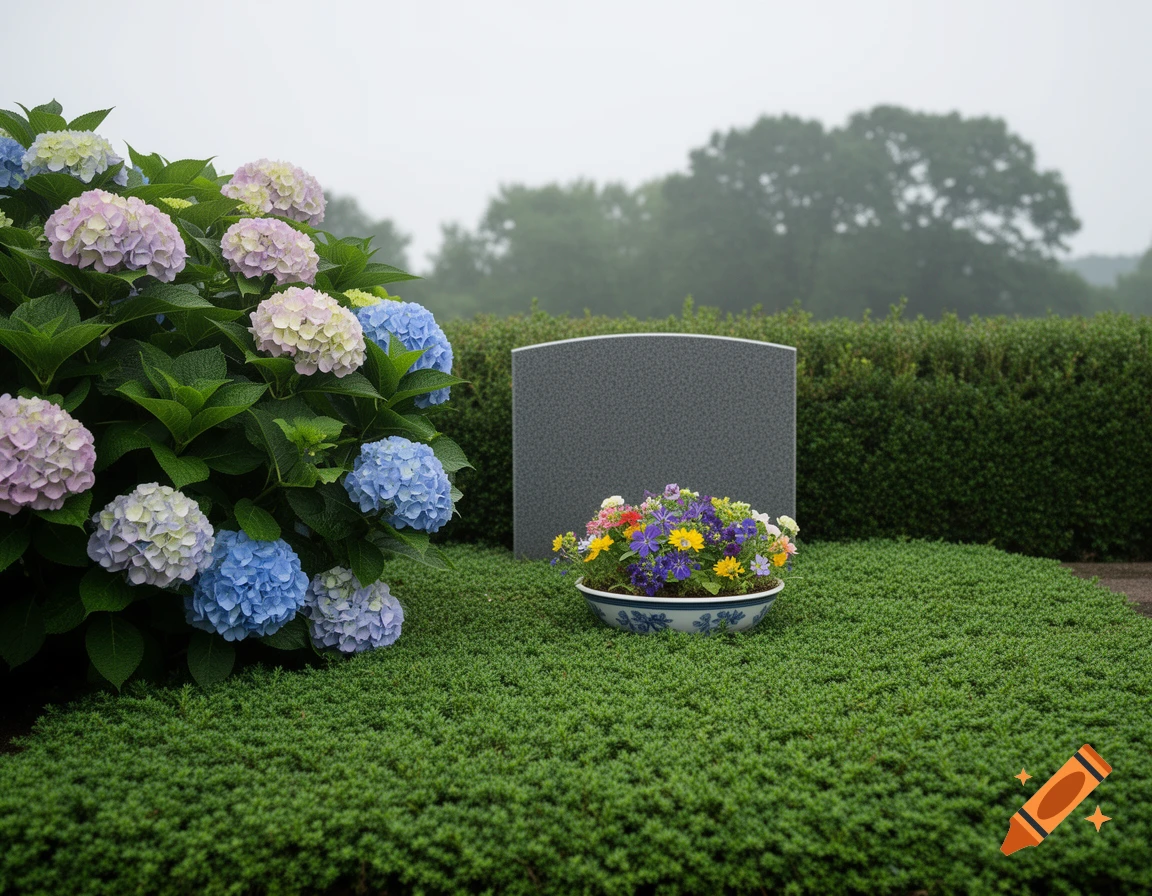 A tranquil gravesite featuring pink and blue hydrangeas, a blank gray headstone, a bowl of colorful flowers, and green ground cover on a misty day.