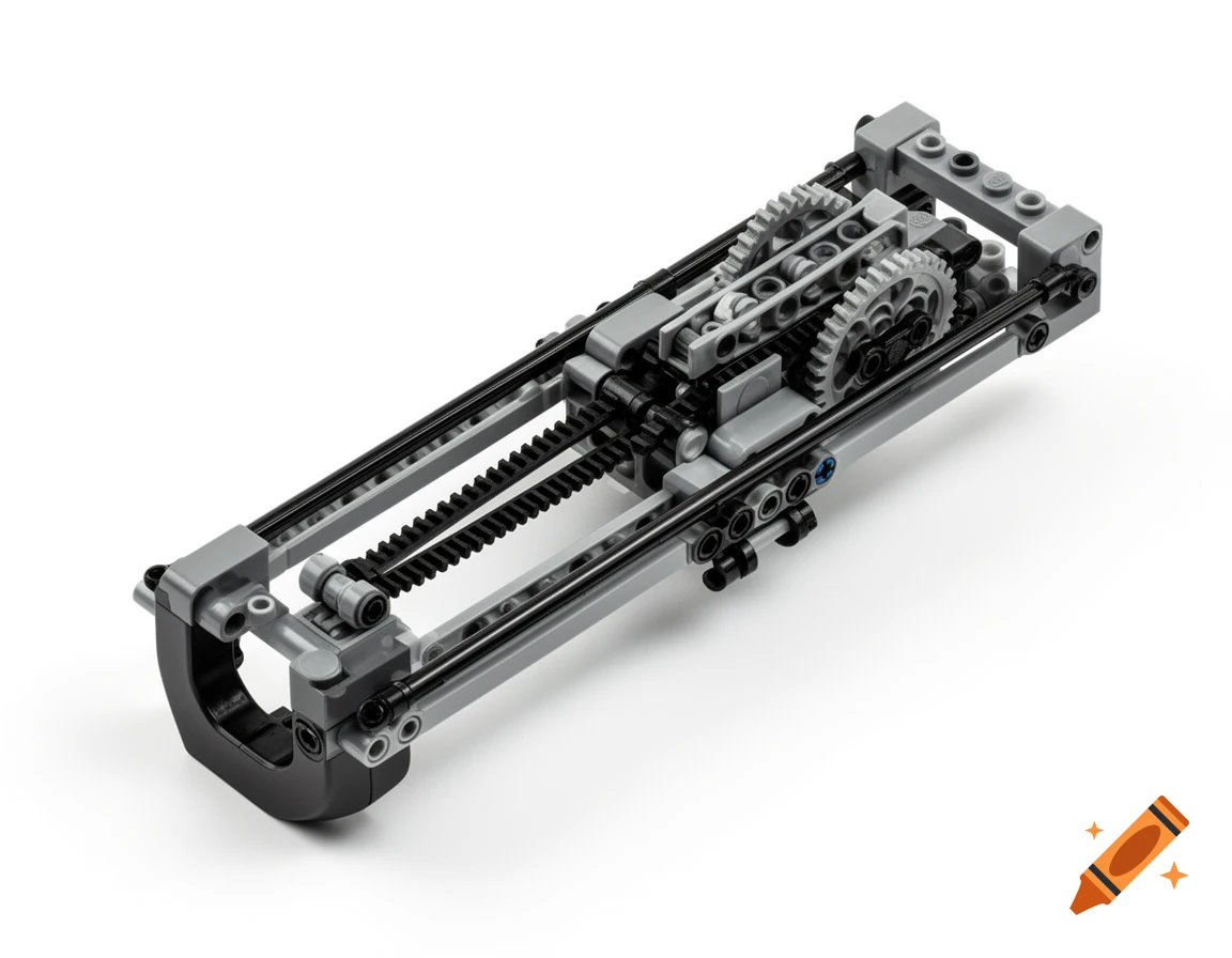 Gray and black LEGO Technic model featuring gears, racks, and parallel guides on a white background.