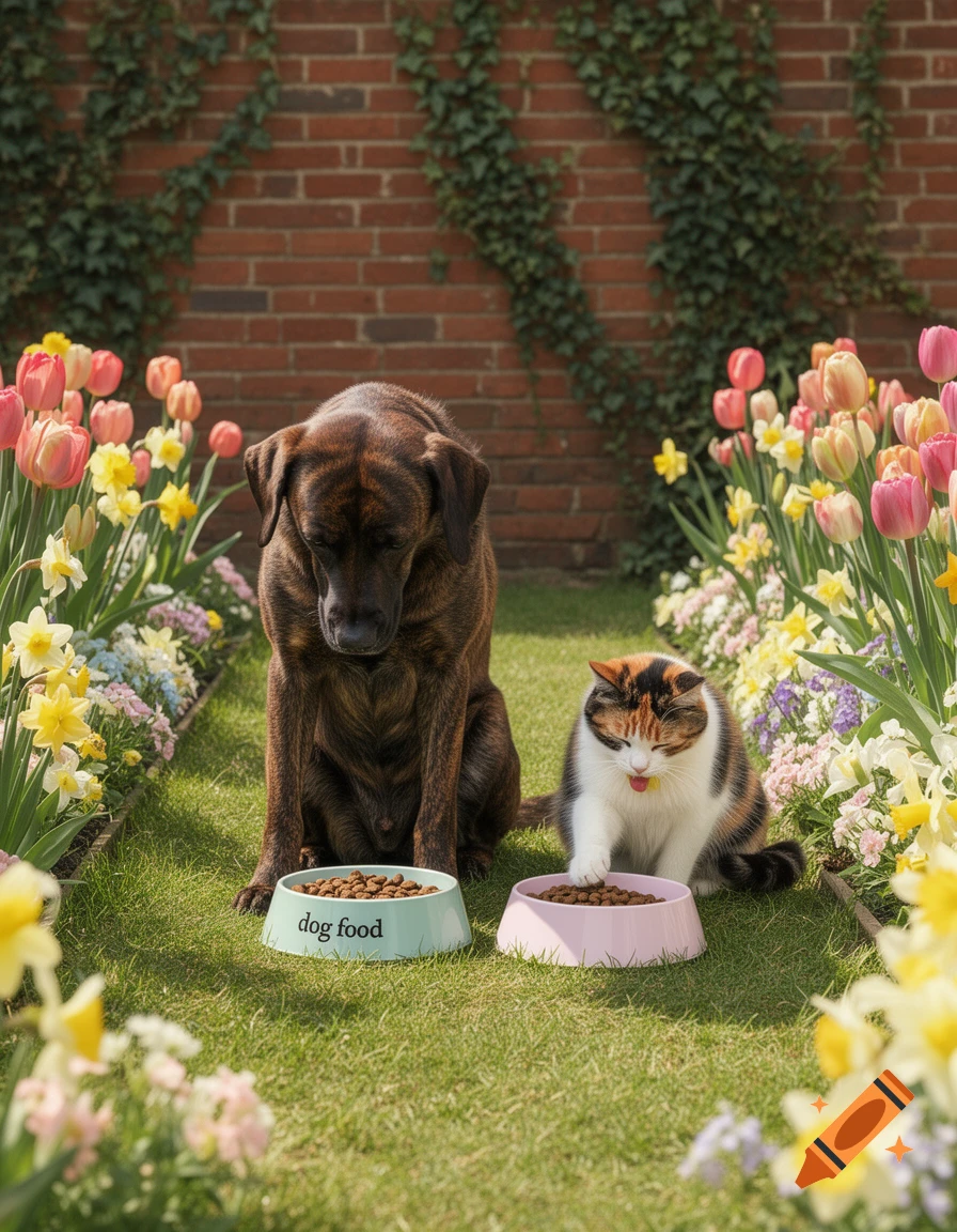 A brown dog and a calico cat sit on a grassy path between rows of tulips and daffodils, each with a food bowl.