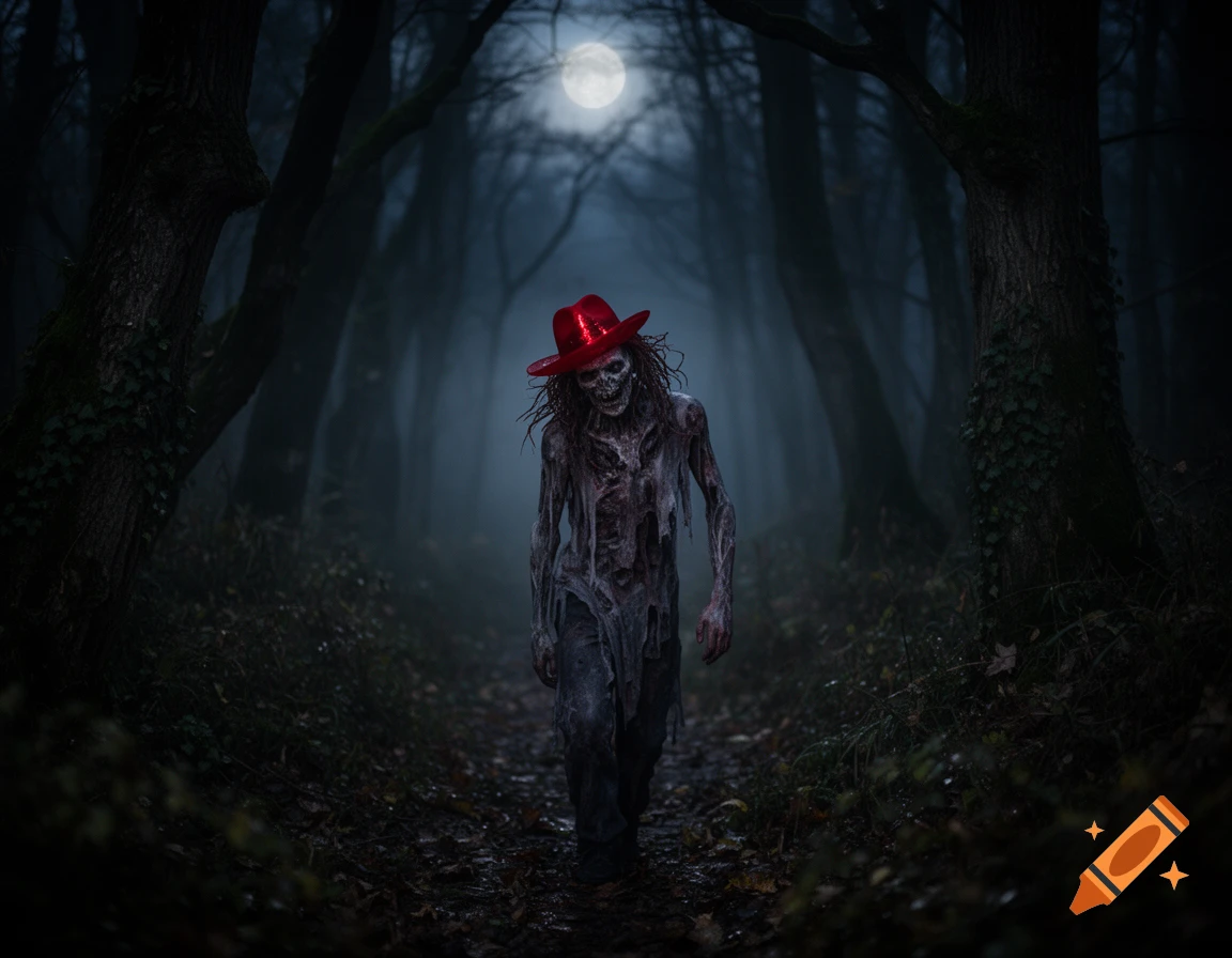 A zombie wearing a shiny red hat walks through a dark, foggy forest path under a full moon.