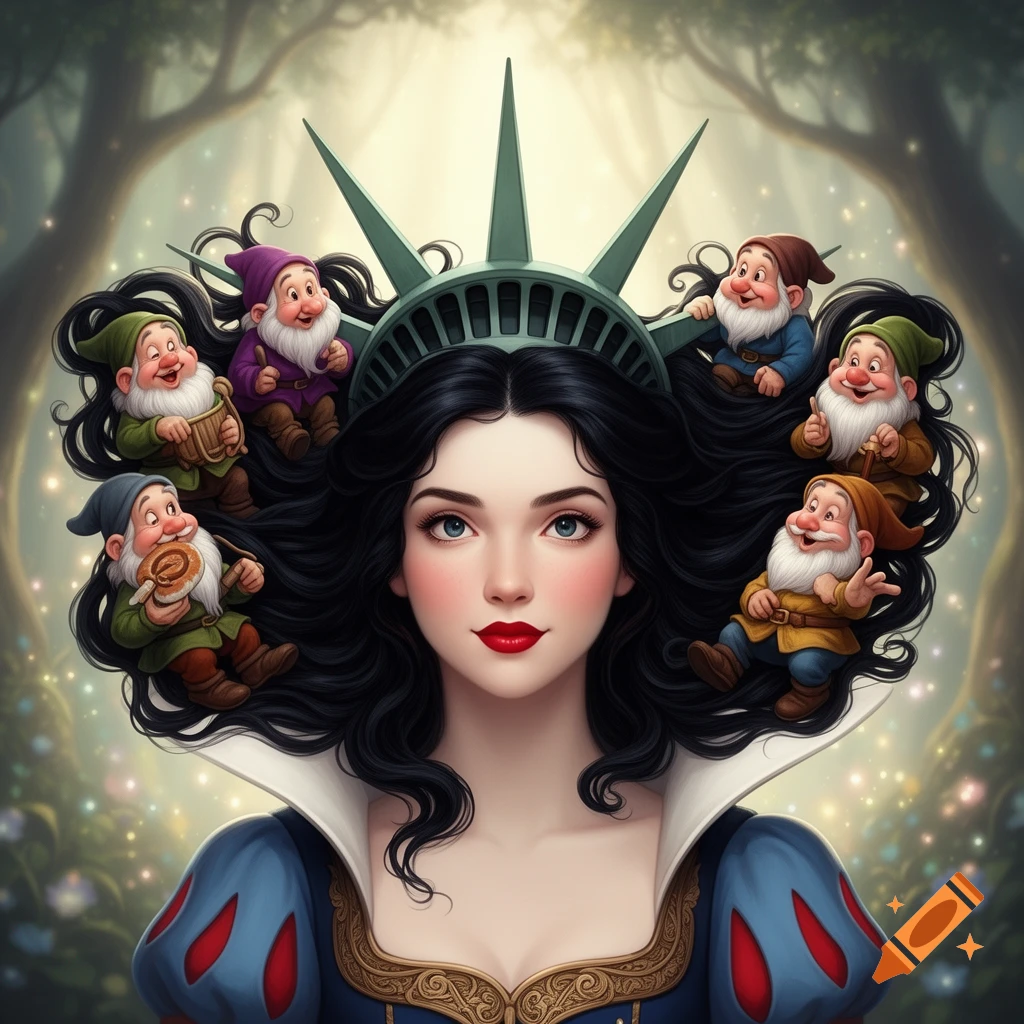 Snow White with the seven dwarfs nestled in her hair, styled like the Statue of Liberty's crown, in a magical forest.