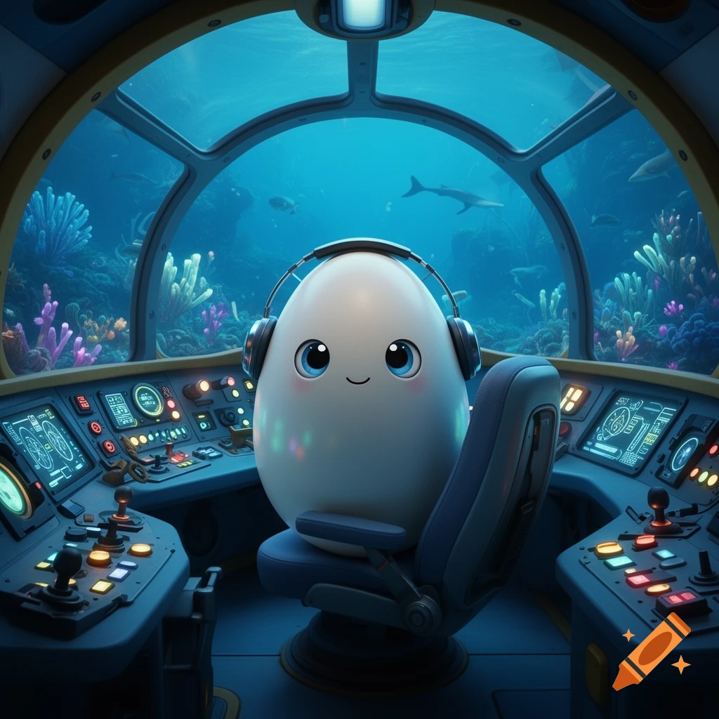 Cute egg character wearing headphones piloting a futuristic submarine, viewing vibrant coral reefs and a shark through the window.