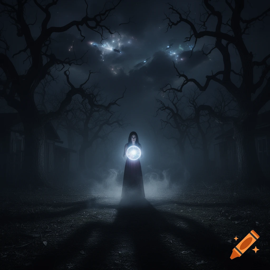 A mysterious woman in a long dress holds a glowing orb in a dark, foggy forest with gnarled trees and distant buildings, under a cosmic night sky.