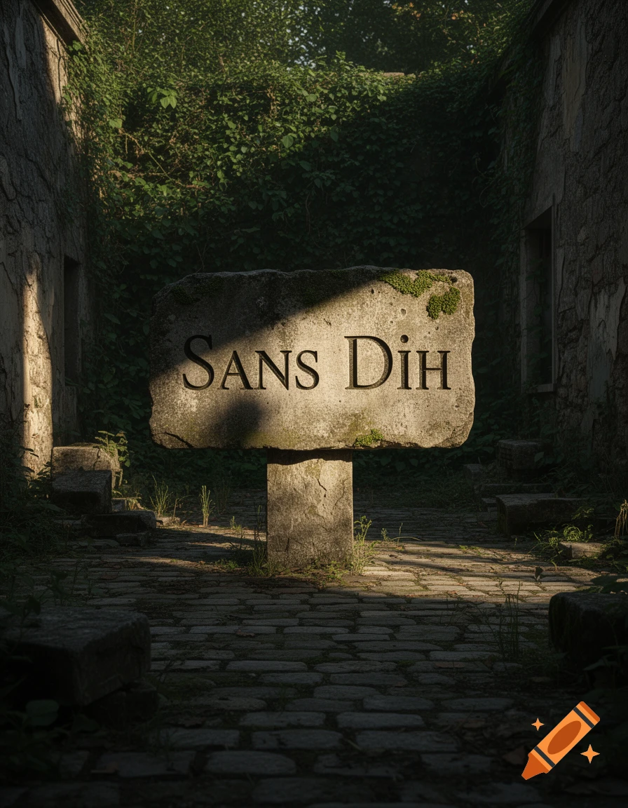 A large mossy stone slab with 'SANS DIH' carved into it stands in a sunlit, overgrown stone ruin.