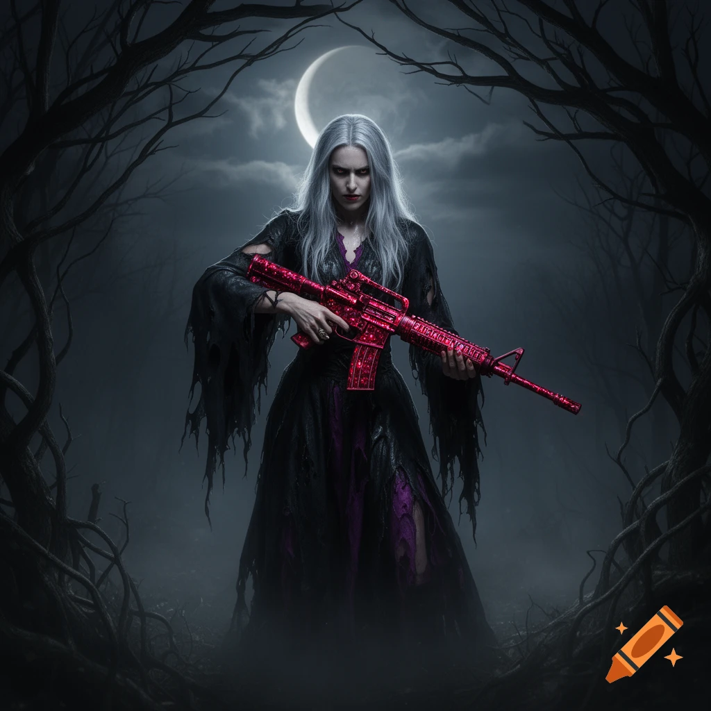 A gothic woman with white hair in a tattered dress holds a glittering ruby AR-15 rifle in a dark, misty forest under a crescent moon.
