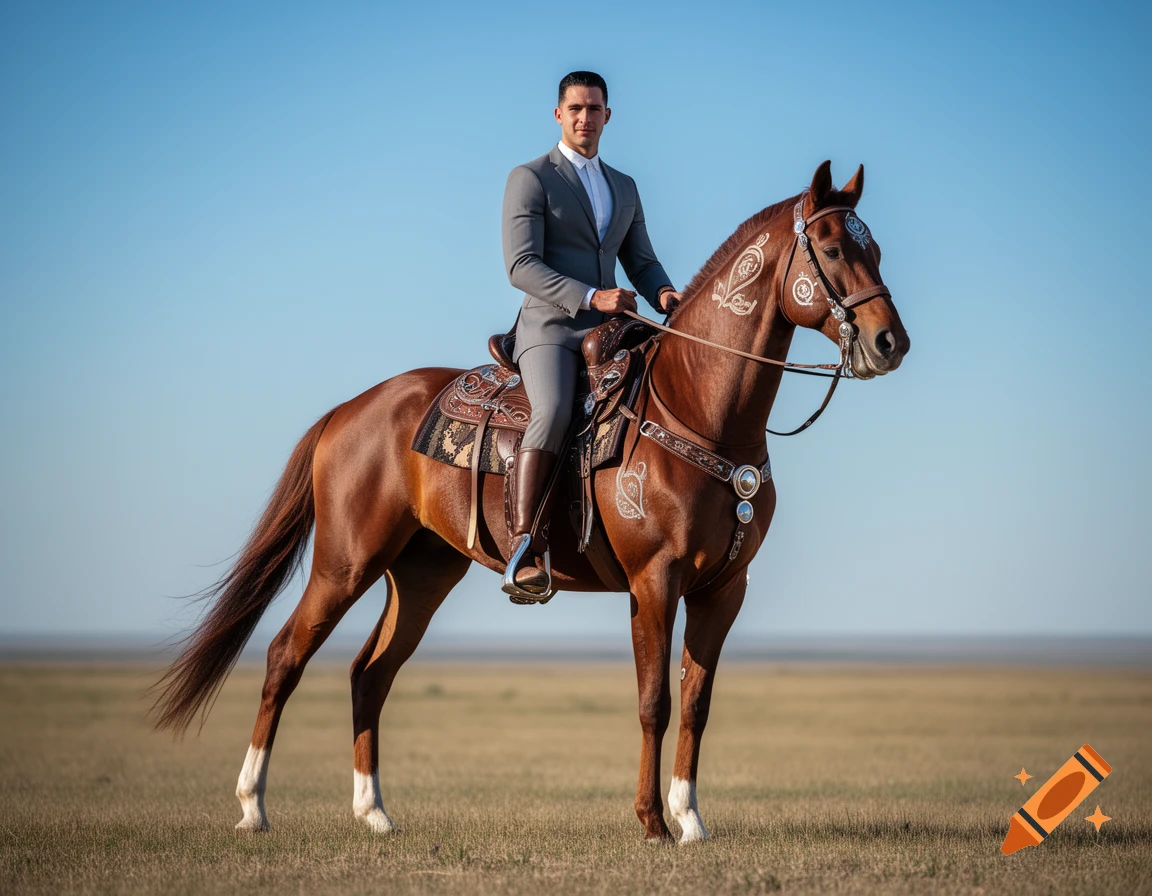 A man in a gray suit and white shirt rides a brown horse with elaborate silver ornamentation on a grassy plain under a clear blue sky.