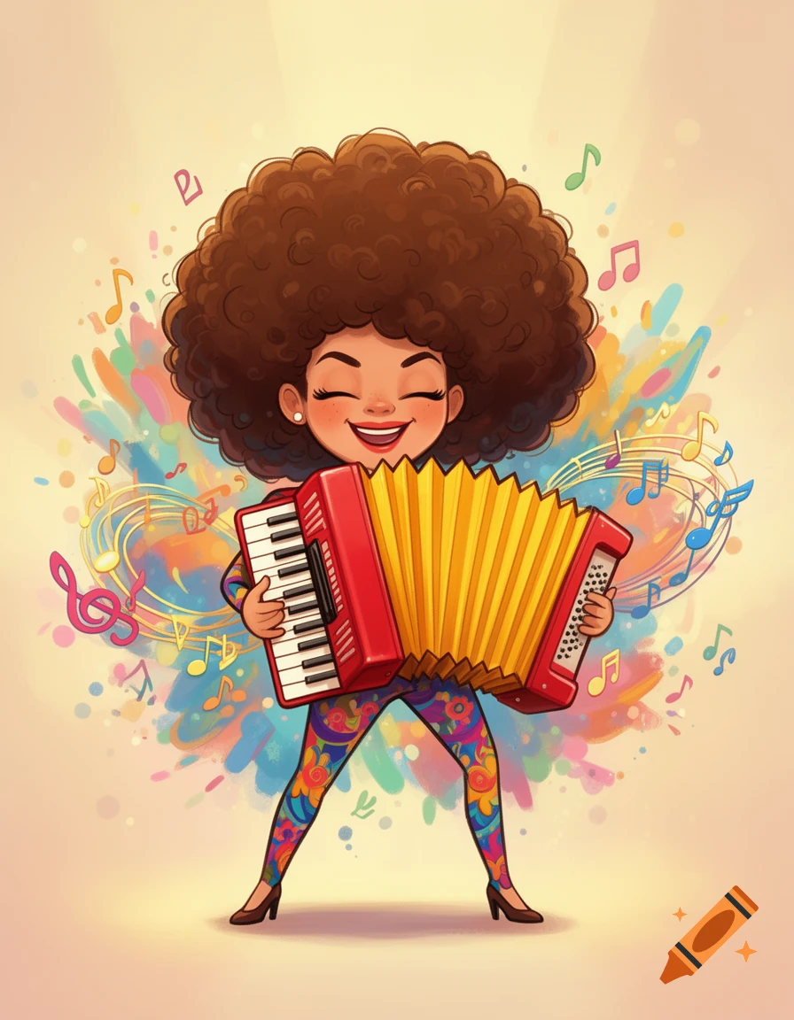 A cheerful cartoon woman with a large brown afro plays a red accordion with yellow bellows, surrounded by colorful musical notes.