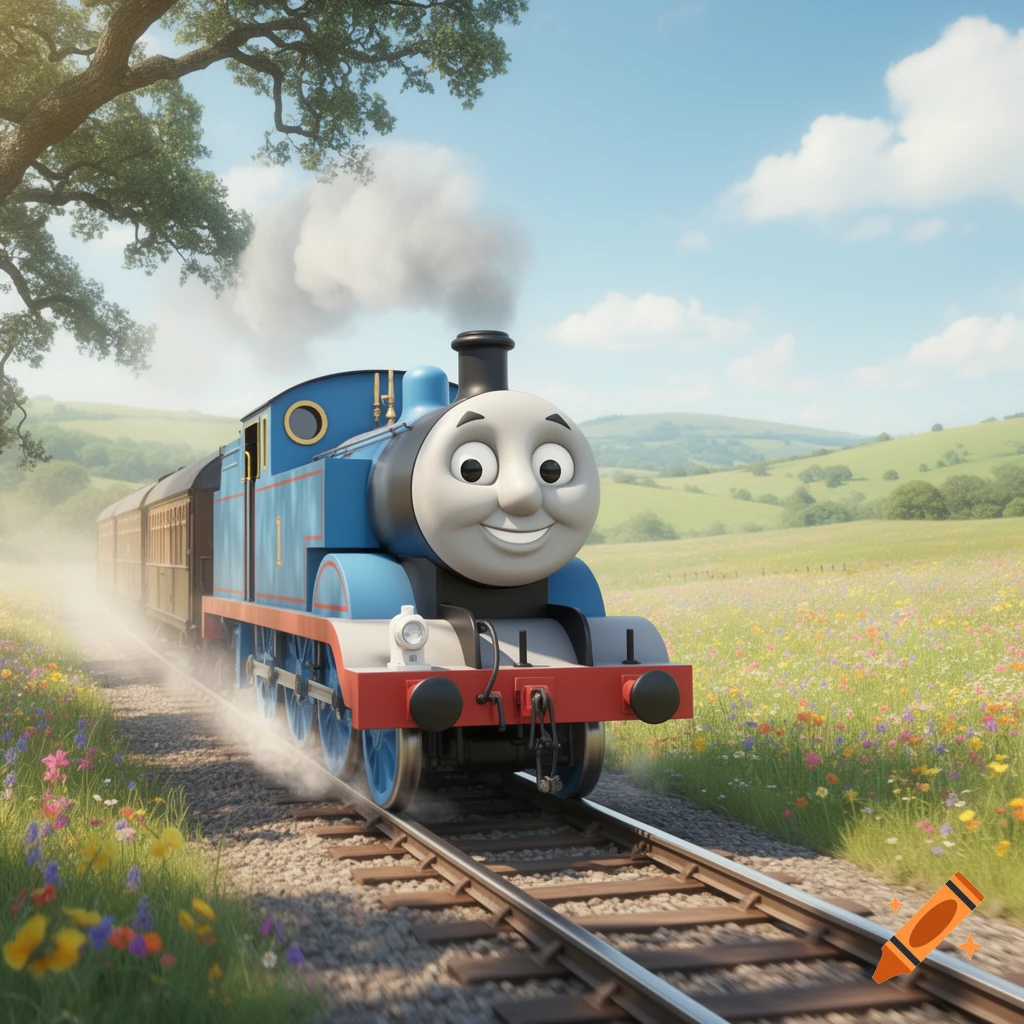 Thomas the Tank Engine smiling as he chugs along train tracks through a vibrant, flower-filled meadow under a blue sky.