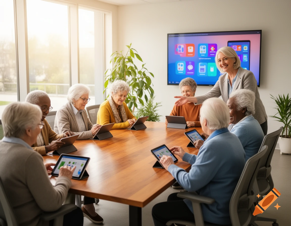 A group of diverse senior citizens in a modern conference room learn to use tablets, guided by a smiling instructor. A large screen displays app icons.