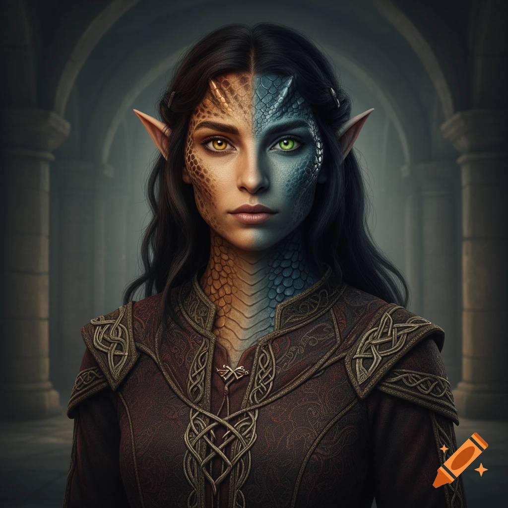 A fantasy woman with a face split between human skin and reptilian scales, one side with a yellow eye and pointed ear, the other with a green eye. She wears an ornate tunic.