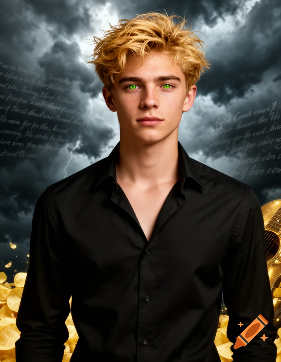 Handsome young man with messy blonde hair and green eyes, wearing a black shirt, stormy background with chips and a guitar.