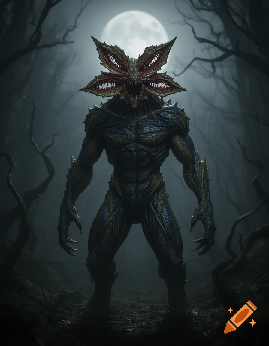 A photorealistic Demogorgon stands in a dark, foggy forest under a full moon.