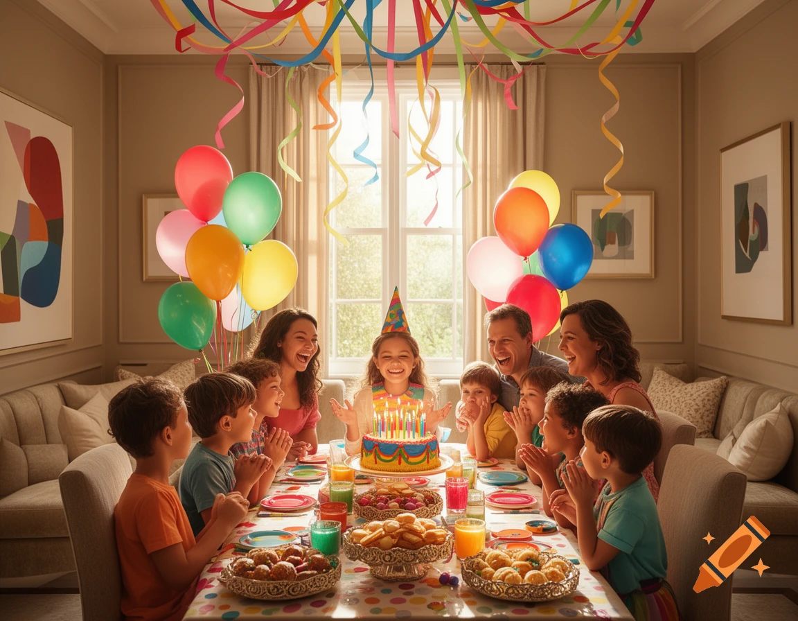 A diverse family, including several children and adults, celebrate a birthday party with a cake, balloons, and colorful streamers.