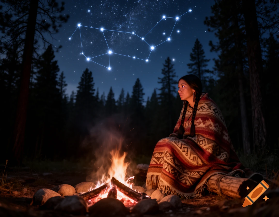 A woman wrapped in a patterned blanket sits by a campfire in a forest at night, gazing at the Big Dipper constellation in the starry sky.