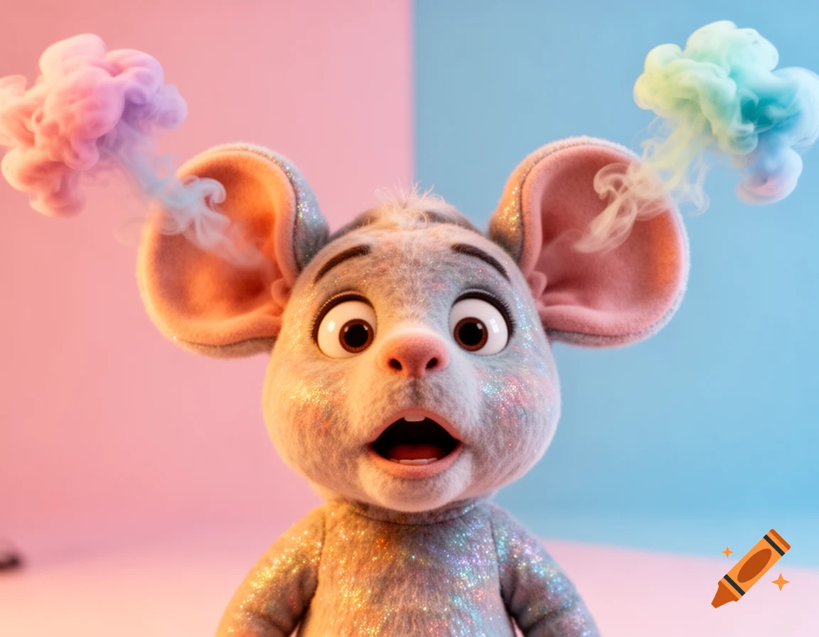 A surprised, glittery cartoon mouse with pink and blue smoke coming from its ears, against a split pink and blue background.