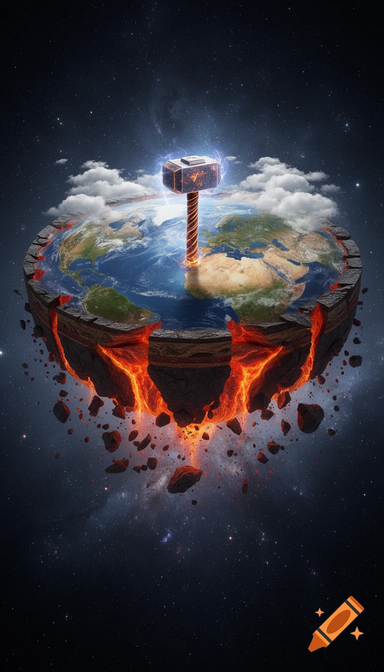 A cosmic hammer sits on a flat, crumbling Earth disk with glowing magma edges, floating in star-filled deep space. Photorealistic.