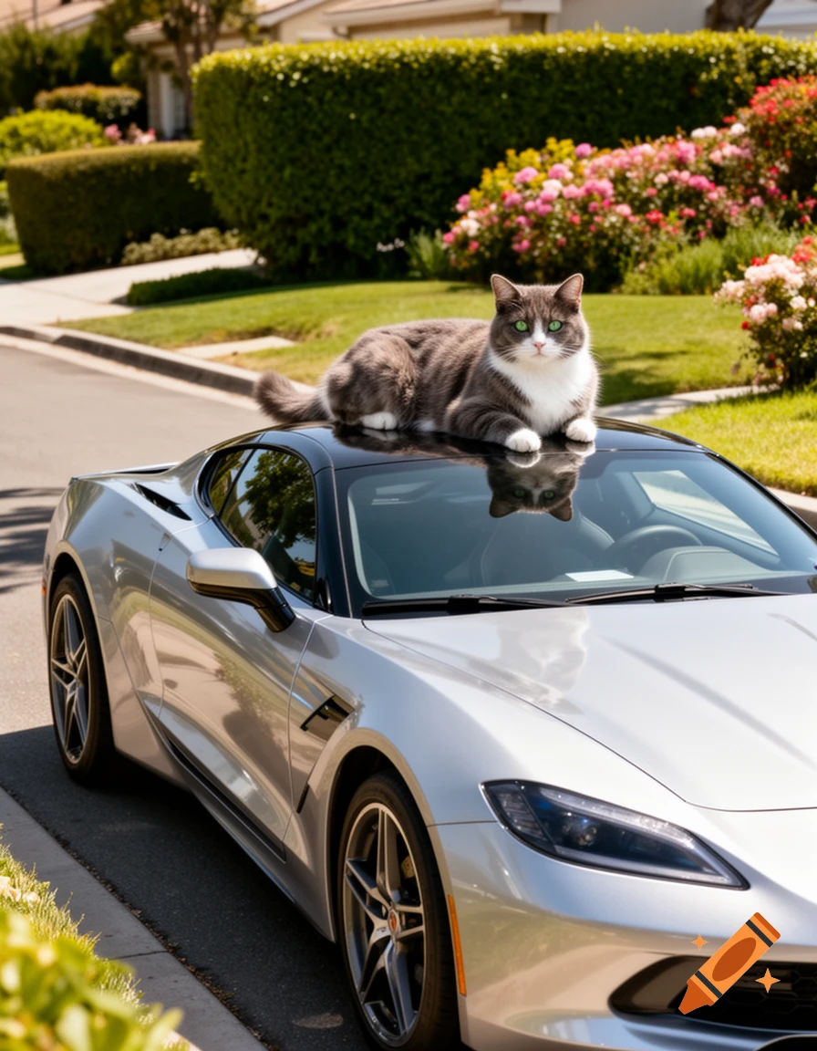 A grey and white cat with bright green eyes lies on the black roof of a silver sports car parked on a suburban street.